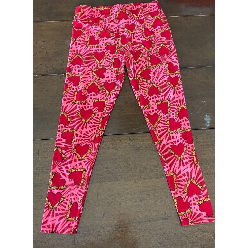 LuLaRoe Leggings Women's Tall & Curvy Red Heart Gold Print Pull-On Performance